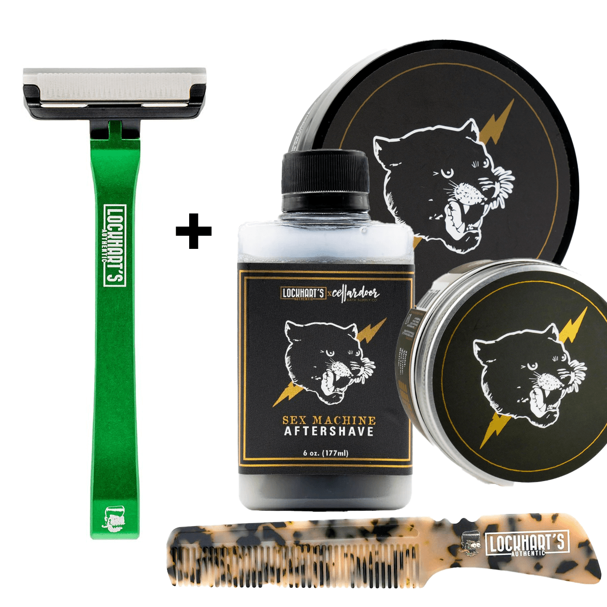 The World's Best Shave Bundle - Sex Machine Edition (Razor + SM Shave Soap + SM Aftershave + SM Pomade + Classic Comb) - Lockhart's Authentic Grooming Company, LLC
